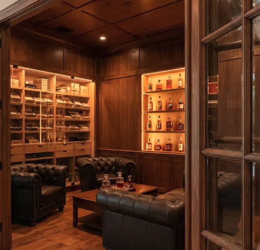Walnut-paneled cigar lounge with a glass humidor wall, lit bourbon shelves and tufted leather chairs