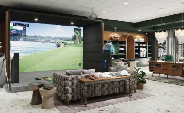 Simulator bay set into a lounge with a sofa and display shelving