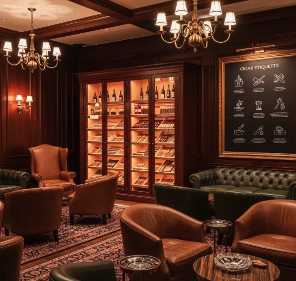 Paneled cigar lounge with a lit humidor cabinet, brass chandeliers and leather club chairs